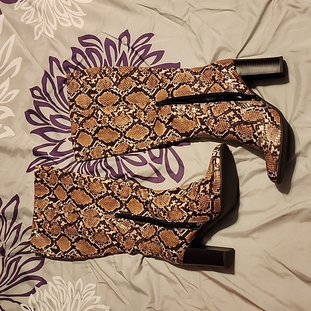 Stacked heel, snakeskin boots